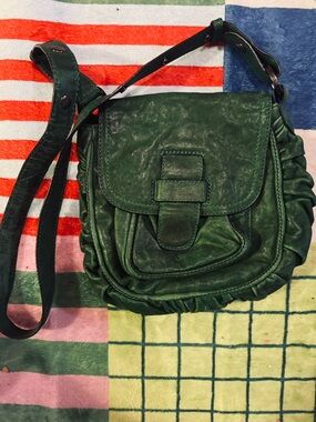 Mimco Dark Green Ruffle Trim Leather Crossbody Bag